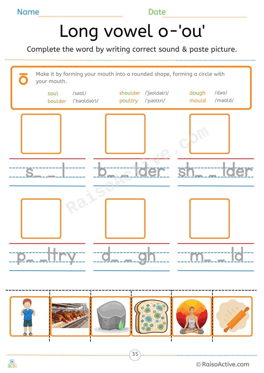 Long Vowel o 'ou' Complete the Word and Paste Worksheet – free printable writing worksheet preview