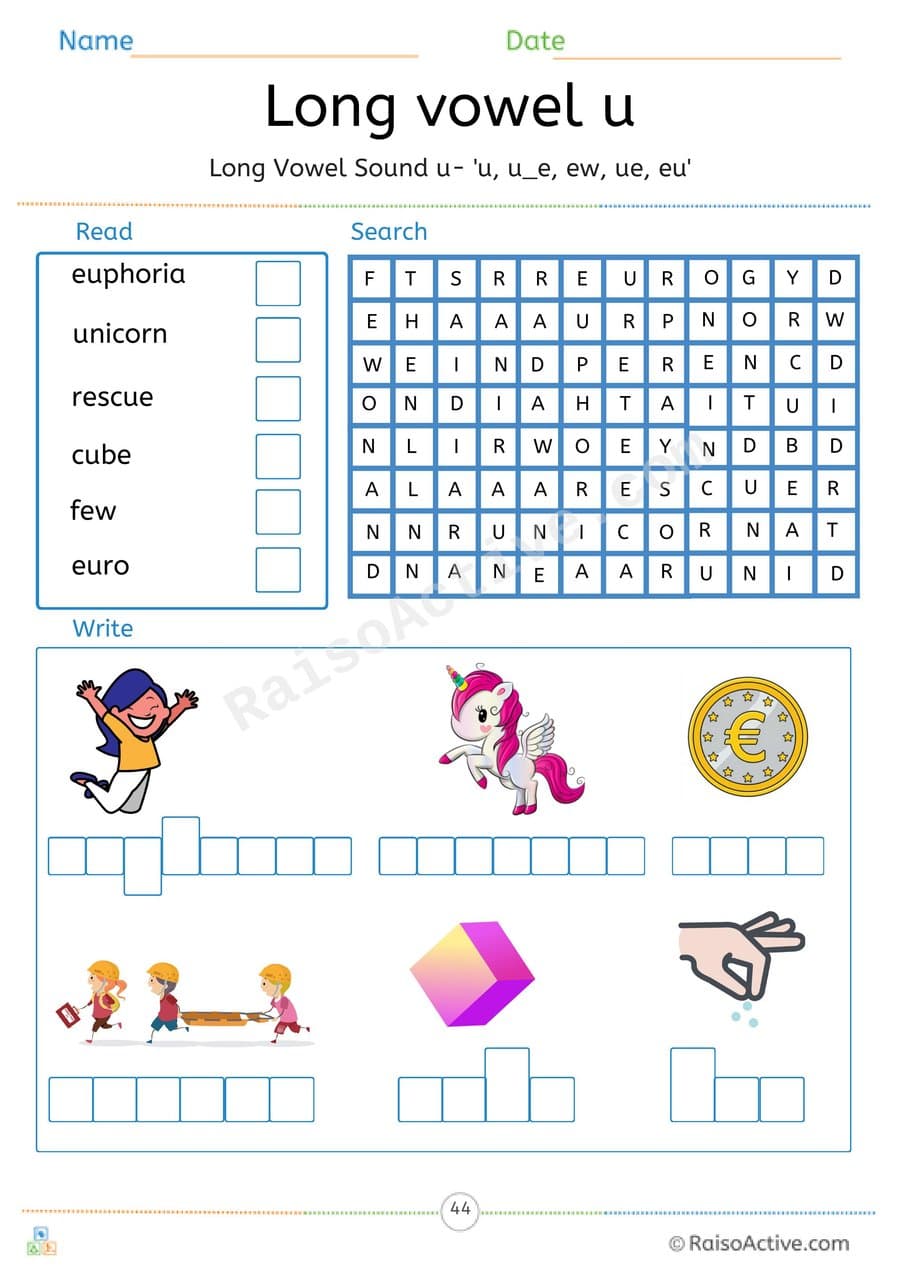 Long Vowel u Read, Search and Write Worksheet – free printable word search worksheet preview