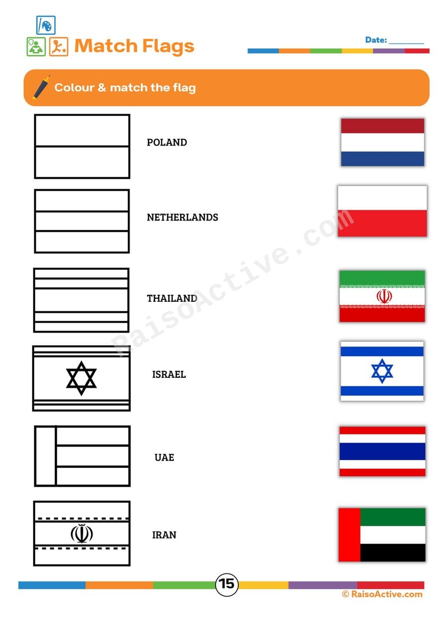 Match the Flags Worksheet: Color and Learn!