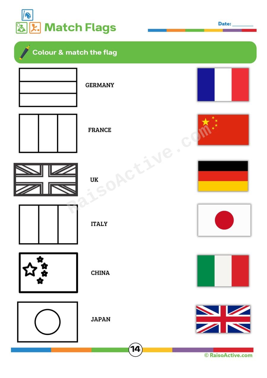 Match the Flags Worksheet: Color and Learn!