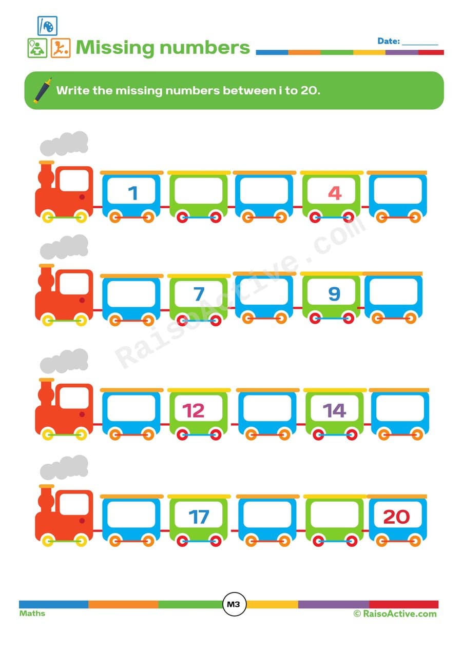 Missing Numbers Train Worksheet: Numbers 1-20