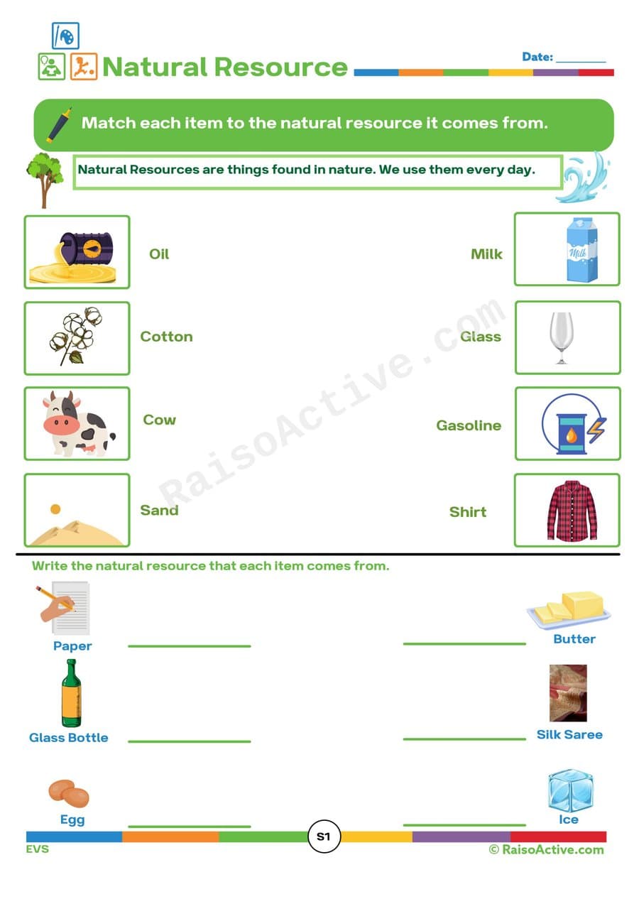 Natural Resources Matching Worksheet for Kids
