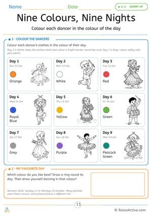 Navratri Nine Colours Colouring Page: Colour the Garba Dancers – free printable coloring worksheet preview