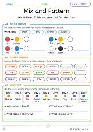 Navratri Mix and Pattern: Mixing Colours and Bead Patterns – free printable pattern worksheet preview