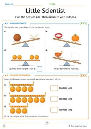 Navratri Little Scientist: Heavier, Lighter and Measuring with Laddoos – free printable math worksheet preview