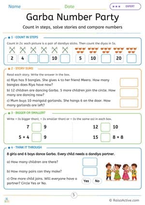 Navratri Garba Number Party: Skip Counting and Story Sums – free printable math worksheet preview