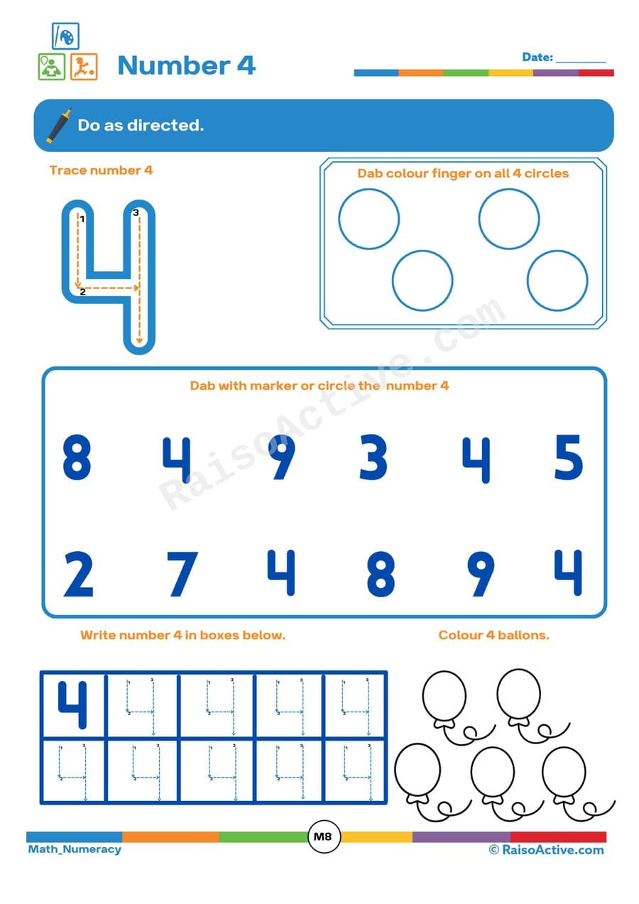 Number 4 Worksheet: Trace, Count, and Write!