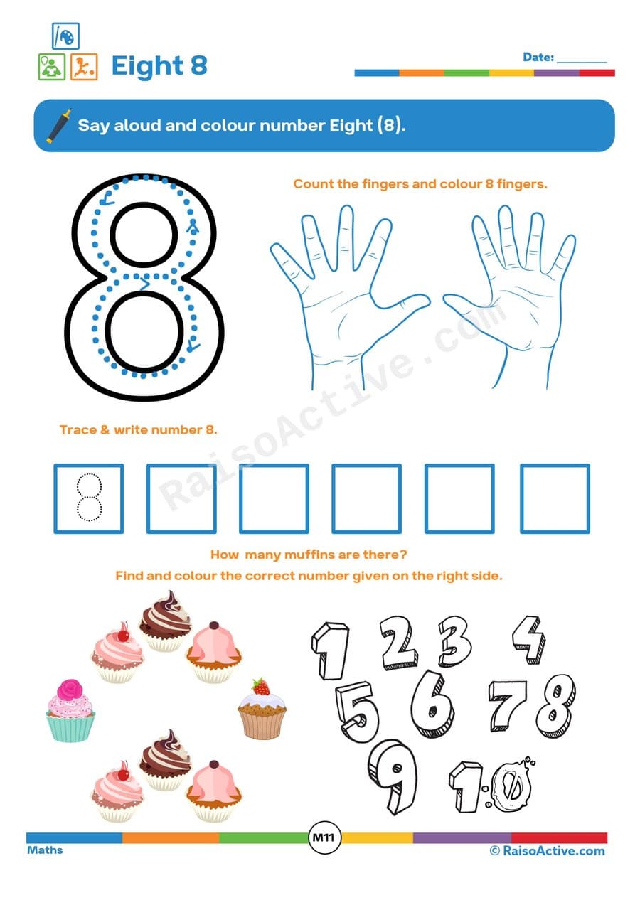 Number Eight (8) Worksheet: Trace, Count, and Color!