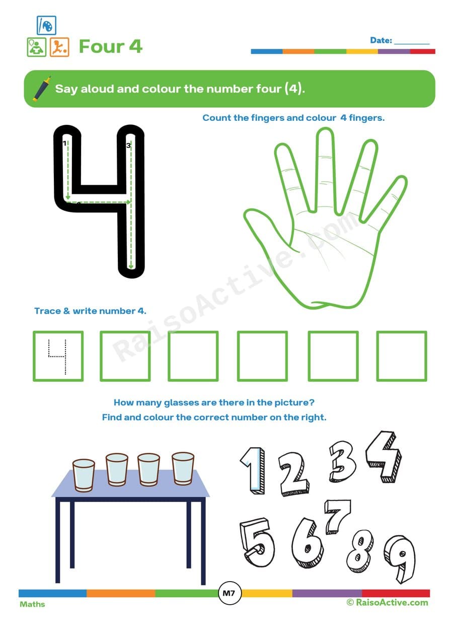 Number Four Worksheet: Trace, Count, and Color!