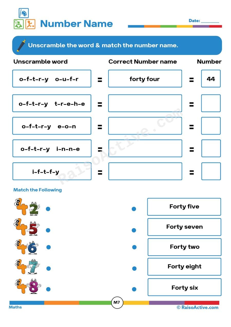 Number Name Matching Worksheet for Preschoolers