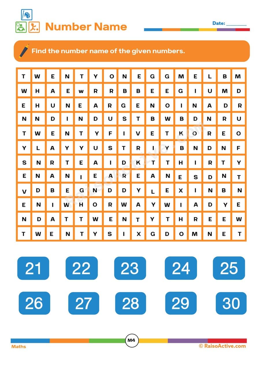 Number Name Word Search Worksheet for Kids