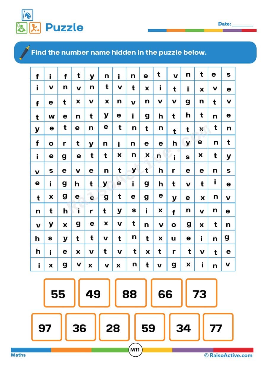 Number Name Word Search Worksheet for Kids