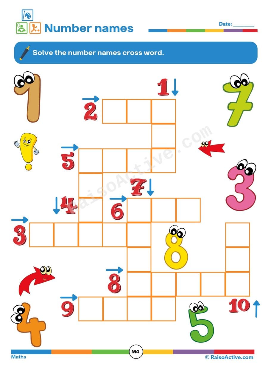 Number Names Crossword Worksheet for Kids
