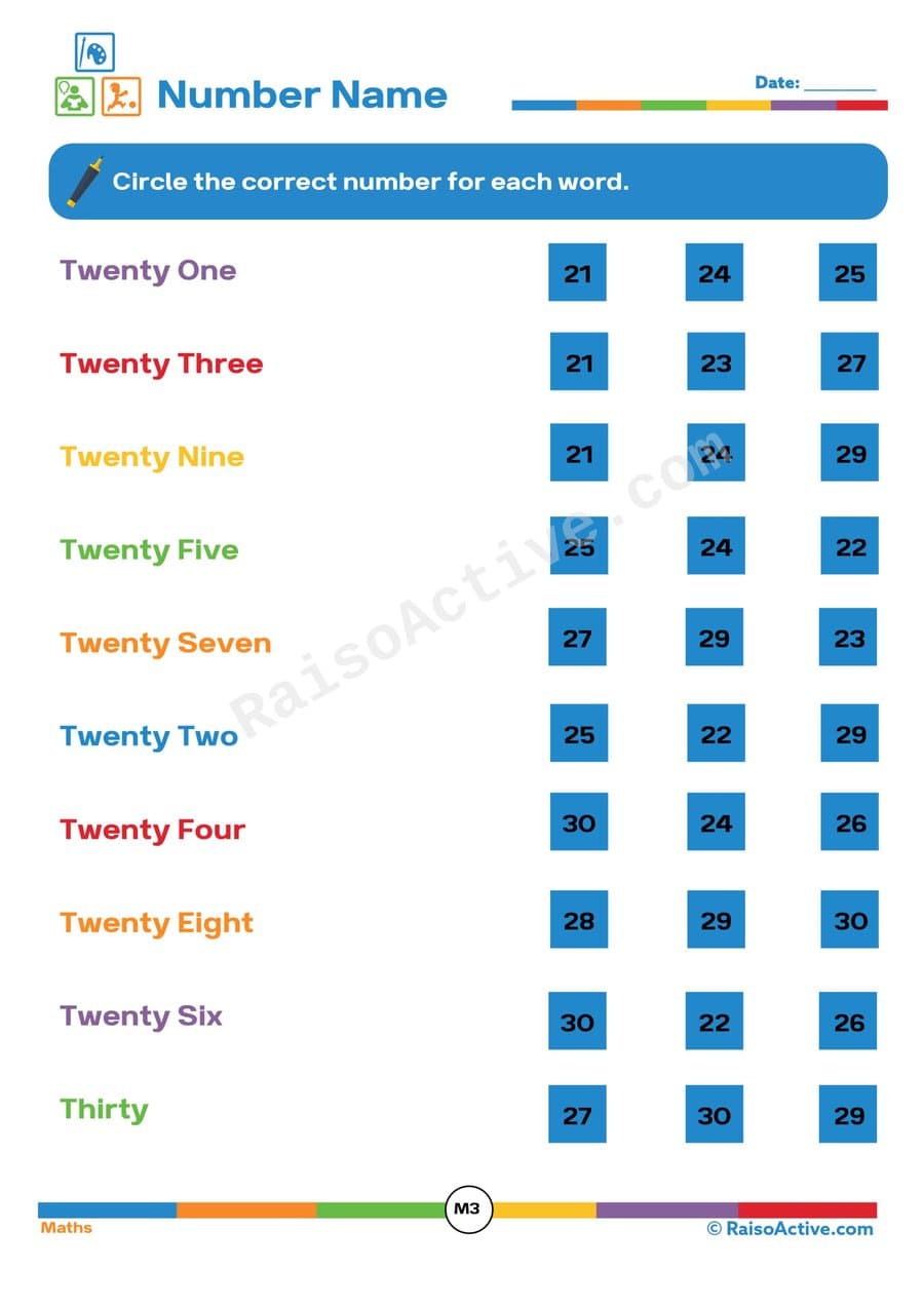 Number Names Matching Worksheet for Kids