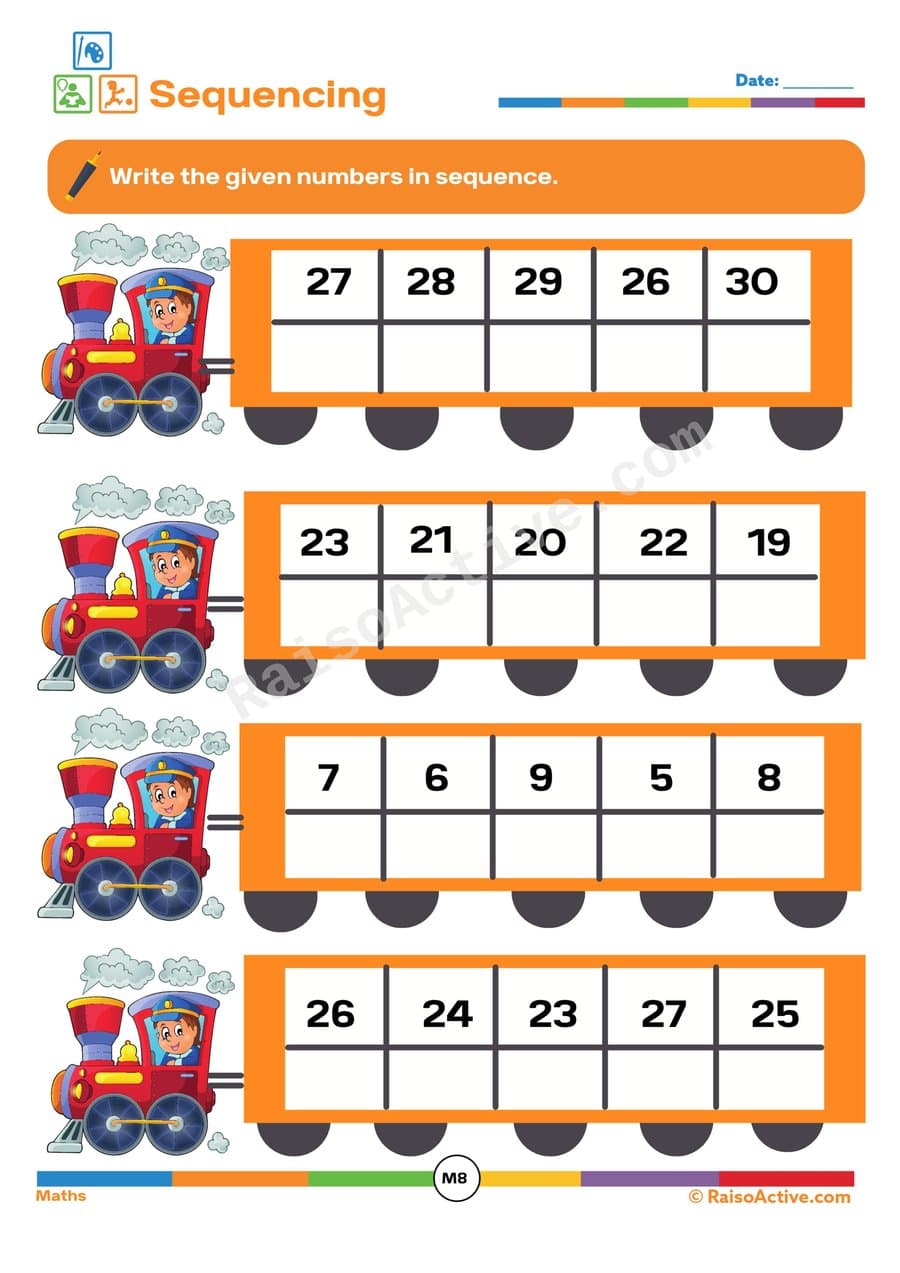 Number Sequencing Train Worksheet for Kids