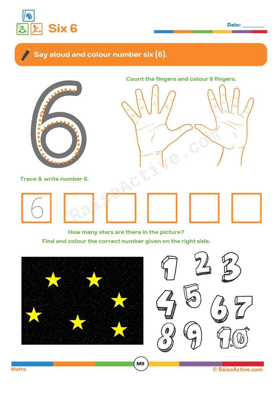 Number Six (6) Worksheet: Trace, Write, and Count!
