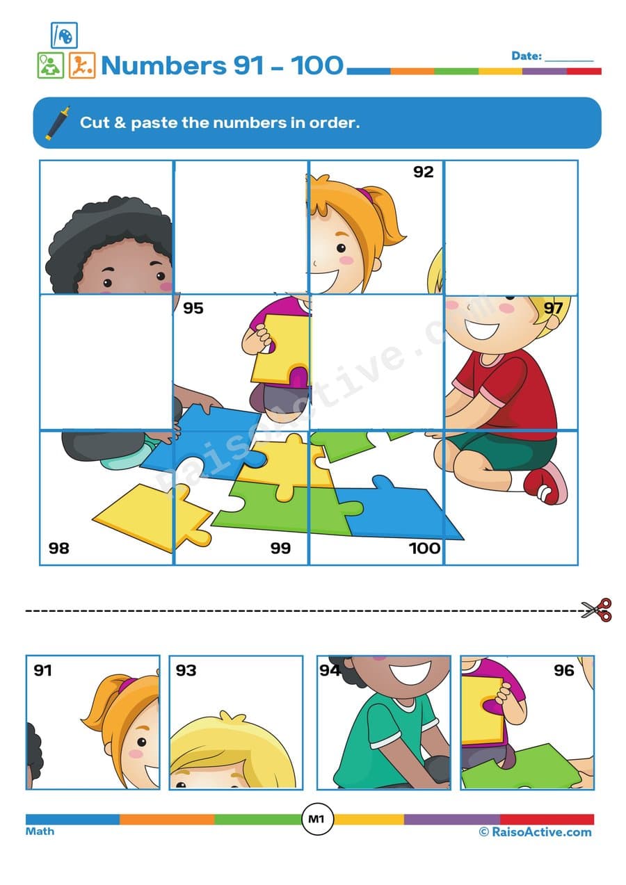 Numbers 91-100 Cut and Paste Worksheet