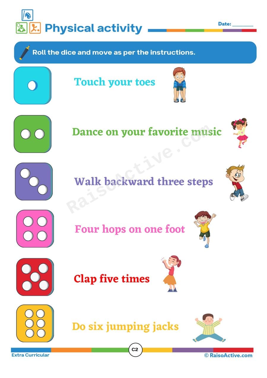 Physical Activity Dice Game Worksheet for Kids