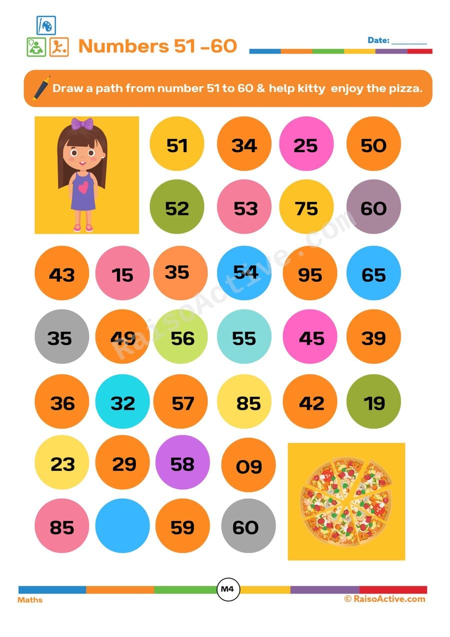 Pizza Path: Numbers 51-60 Worksheet for Kids