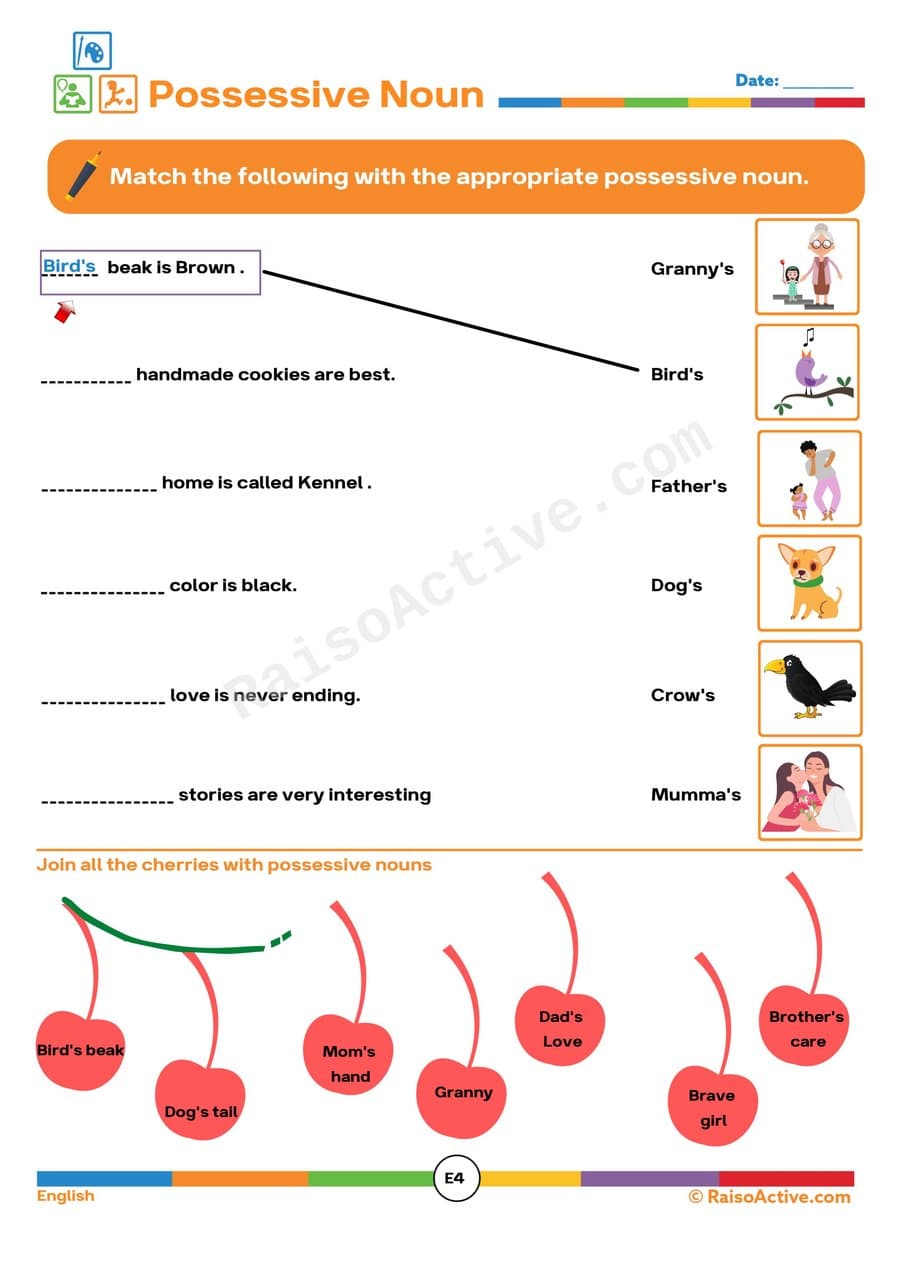 Possessive Noun Matching Worksheet for Kids