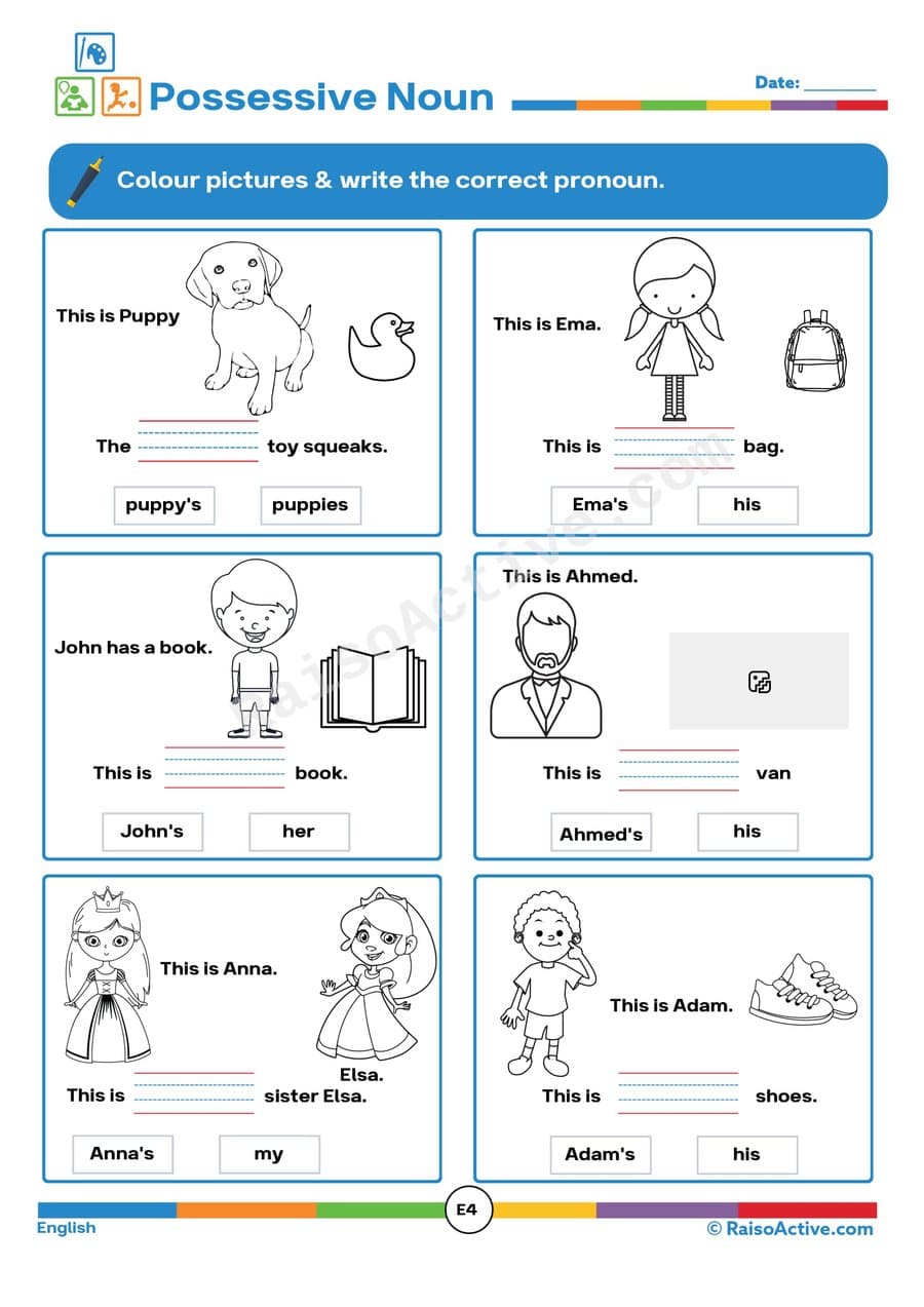 Possessive Nouns Worksheet: Color and Write!