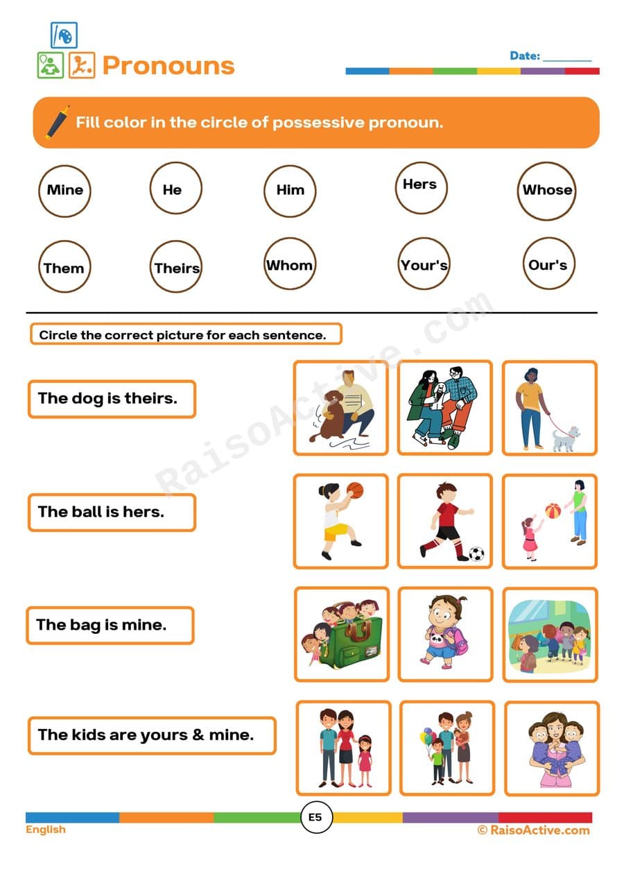 Possessive Pronouns Worksheet: Circle and Match!