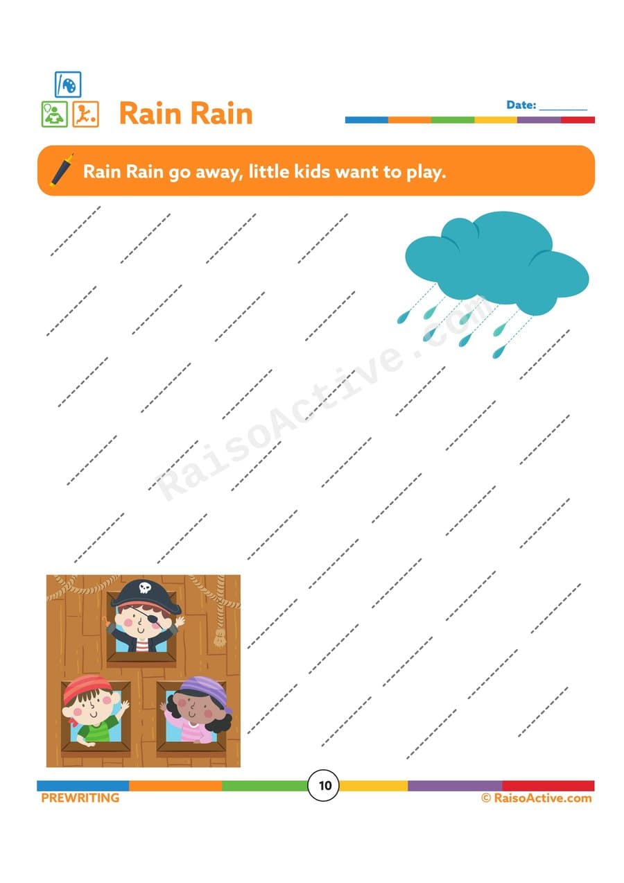 Rain Rain Tracing Worksheet for Preschoolers