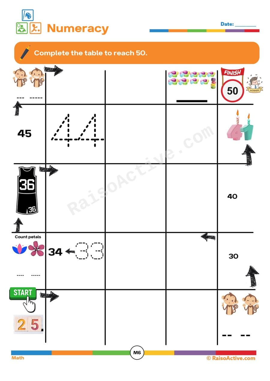 Reach 50! A Fun Numeracy Worksheet for Kids
