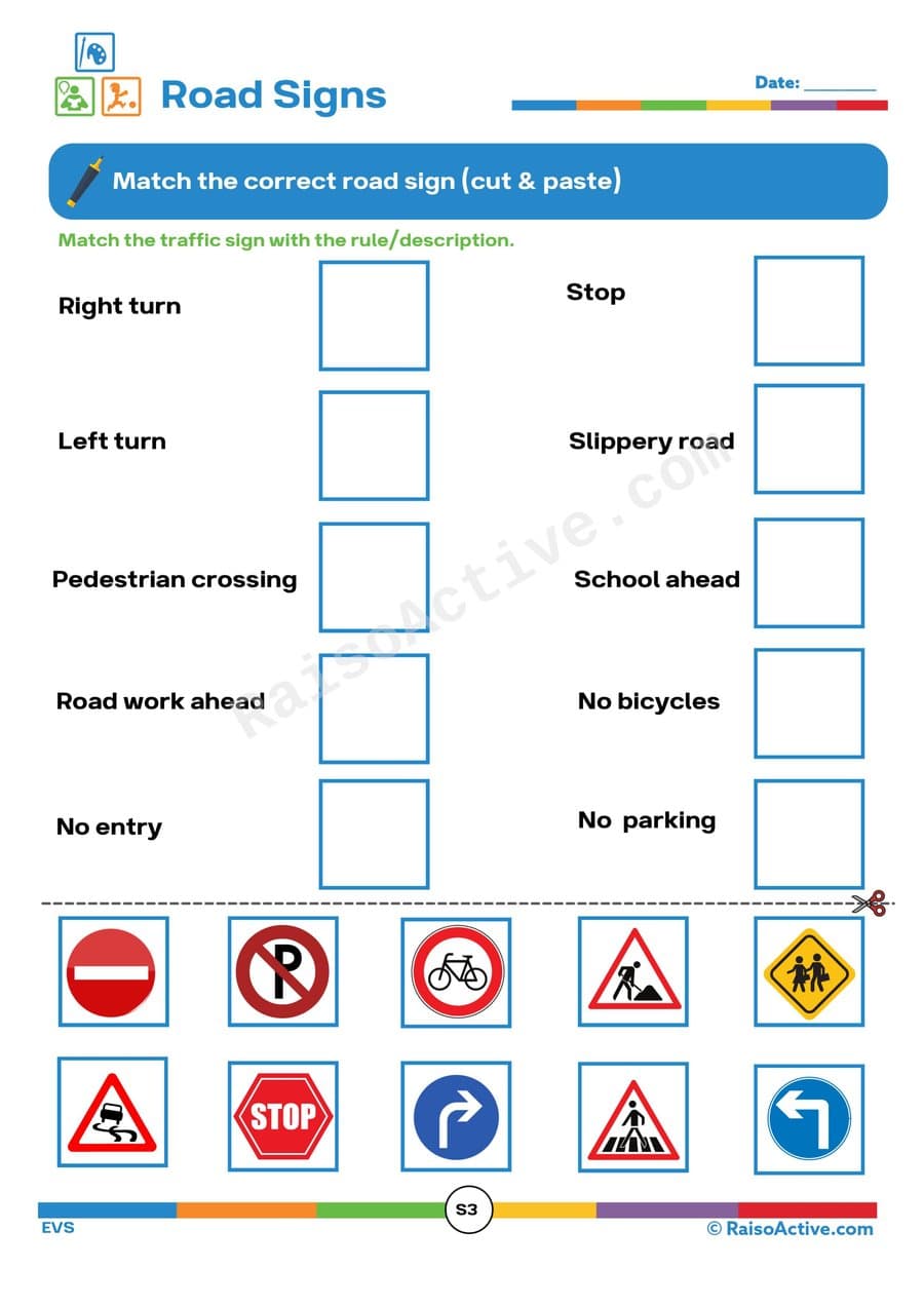 Road Signs Matching Worksheet for Preschoolers