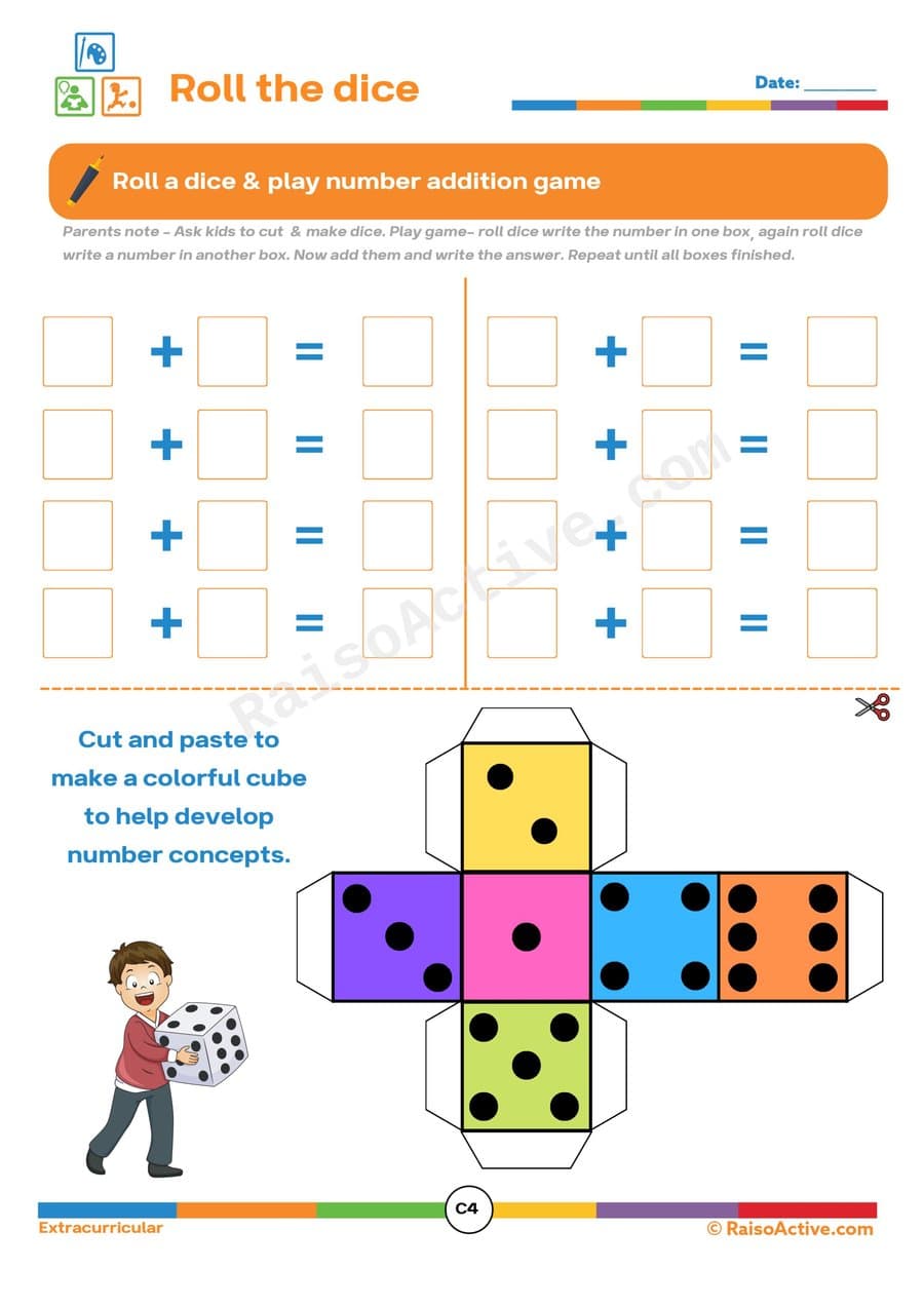 Roll the Dice Addition Worksheet for Kids