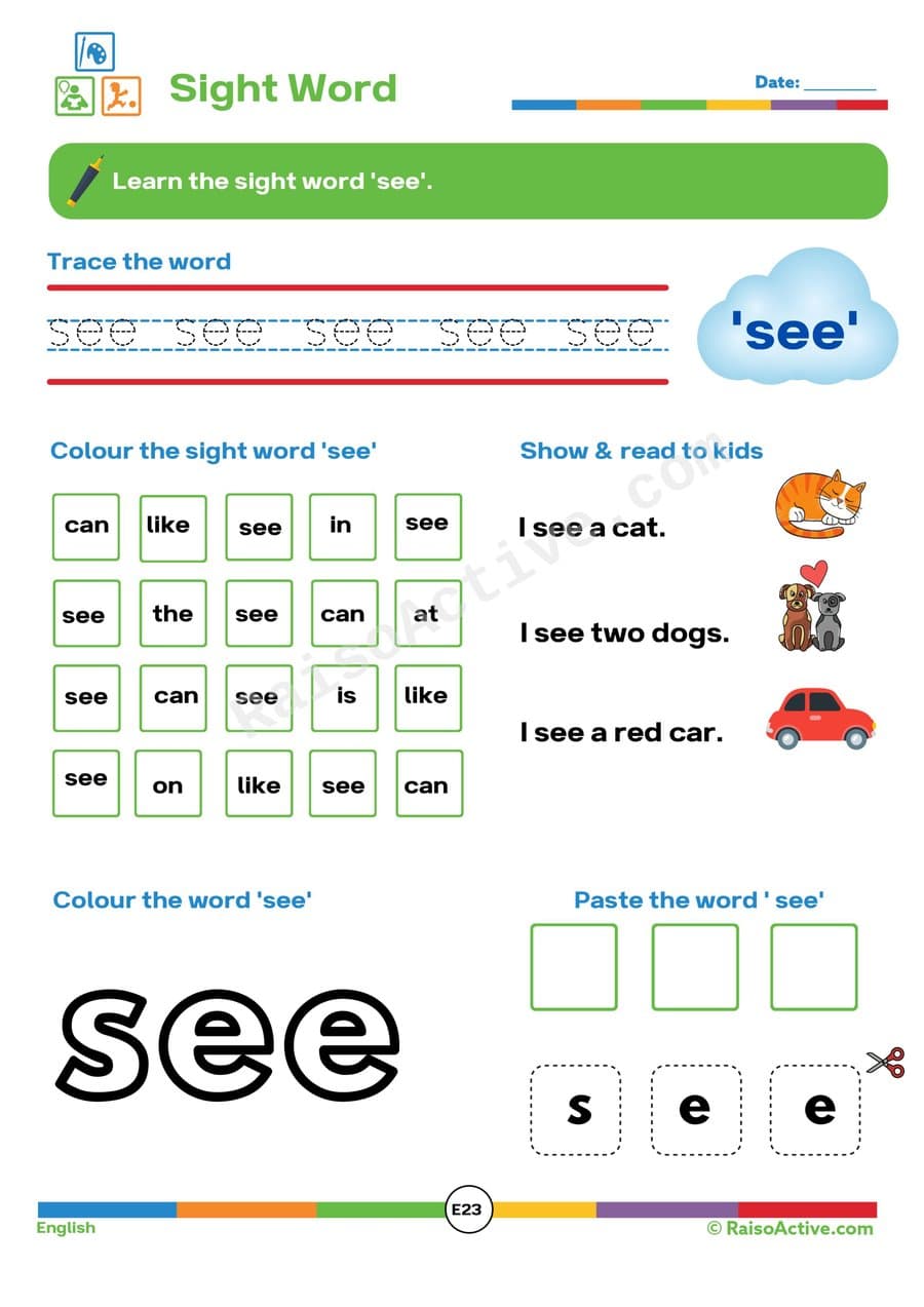 See Sight Word Worksheet: Trace, Color, and Paste!