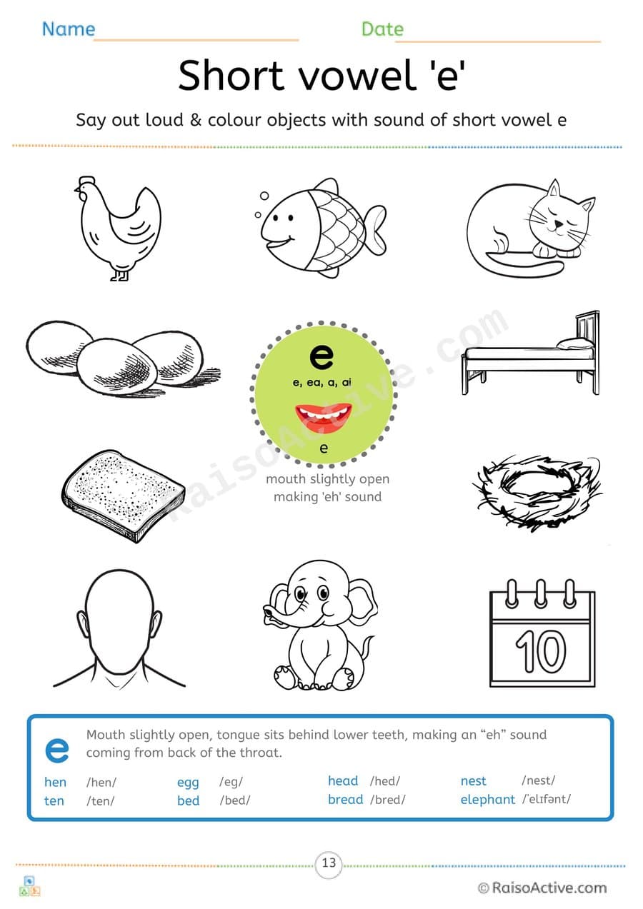 Short Vowel e Say and Colour Worksheet – free printable coloring worksheet preview