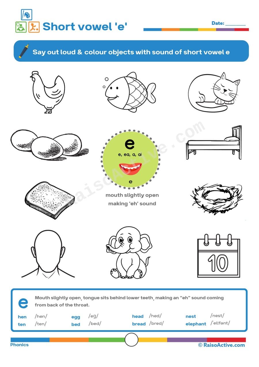 Short Vowel 'e' Worksheet: Say, Color, and Learn!