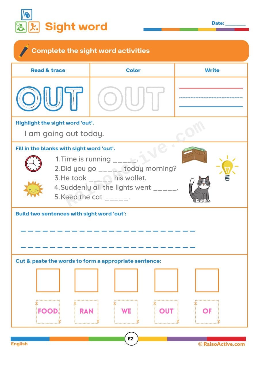 Sight Word 'Out' Worksheet: Read, Trace, and Write!