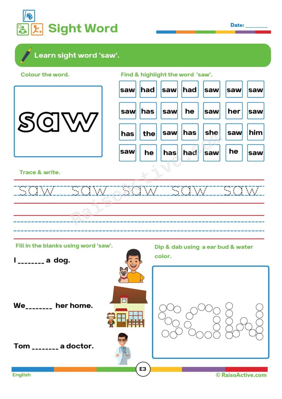 Sight Word 'Saw' Worksheet: Trace, Find, and Color!