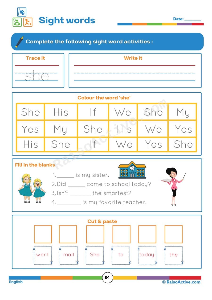 Sight Words Worksheet: Trace, Write, and Color 'She'!