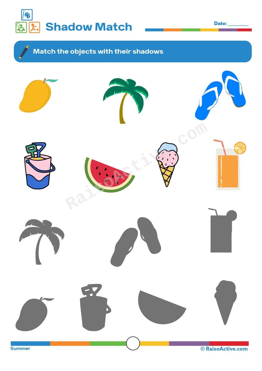 Summer Shadow Match Worksheet for Preschoolers