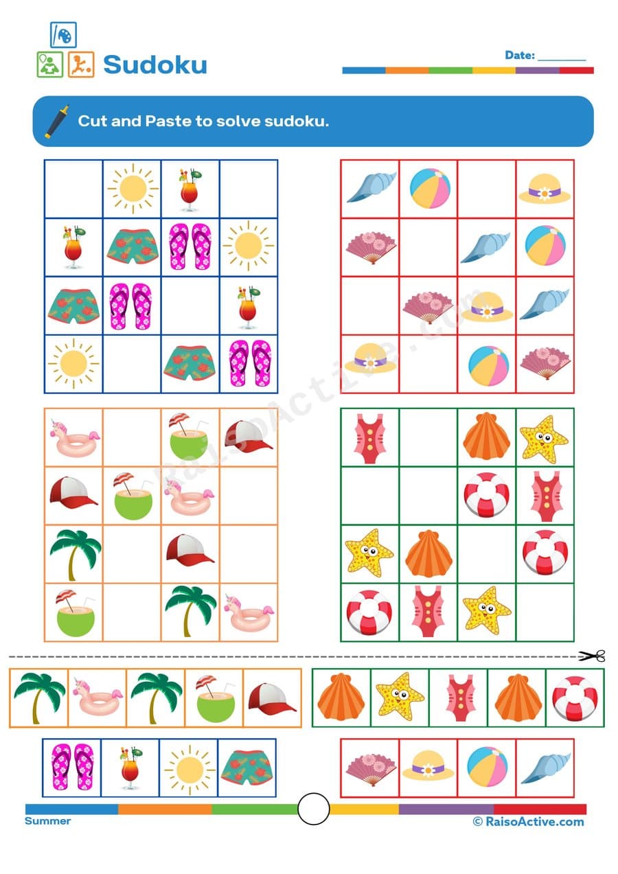 Summer Sudoku: Cut and Paste Worksheet for Kids