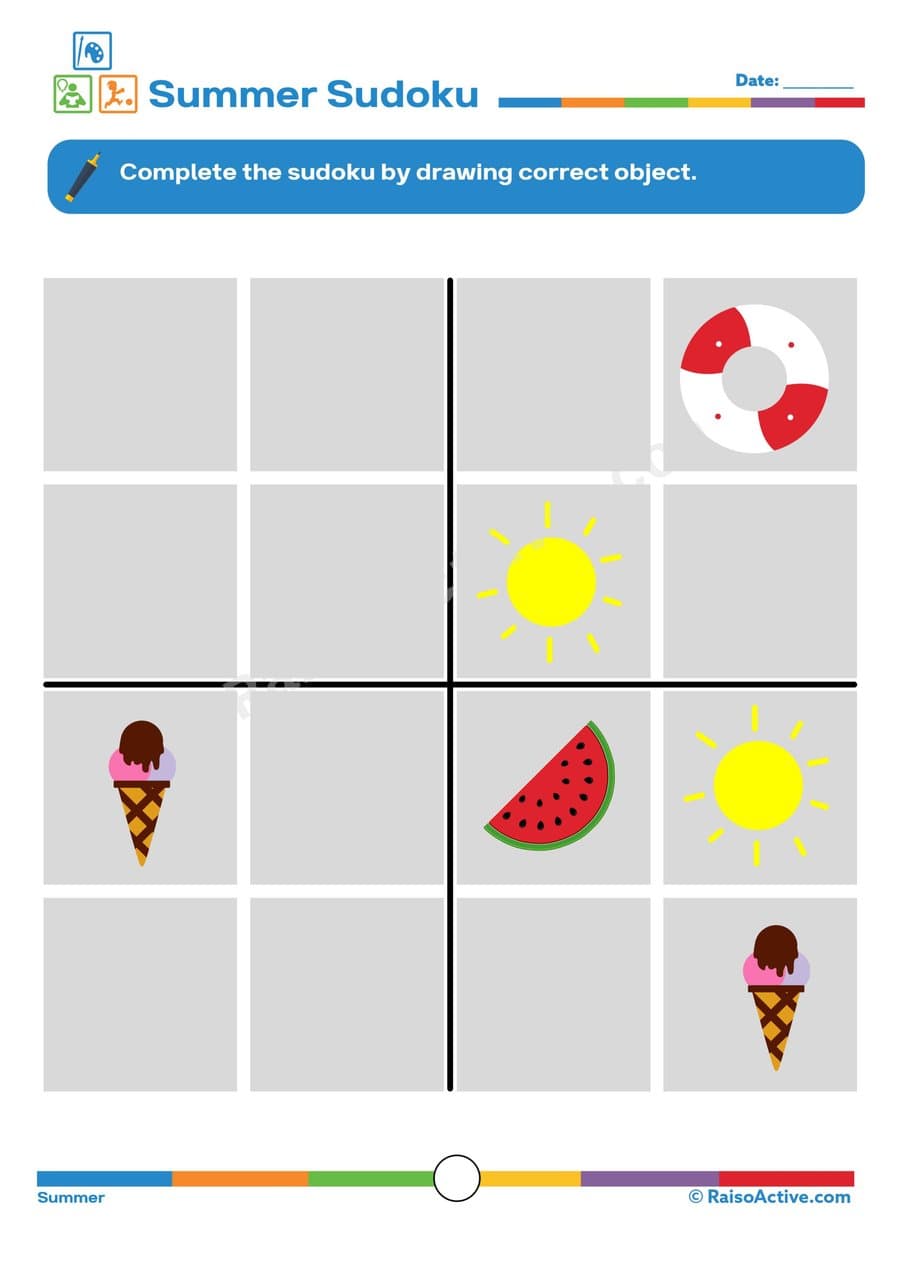 Summer Sudoku Worksheet for Kids
