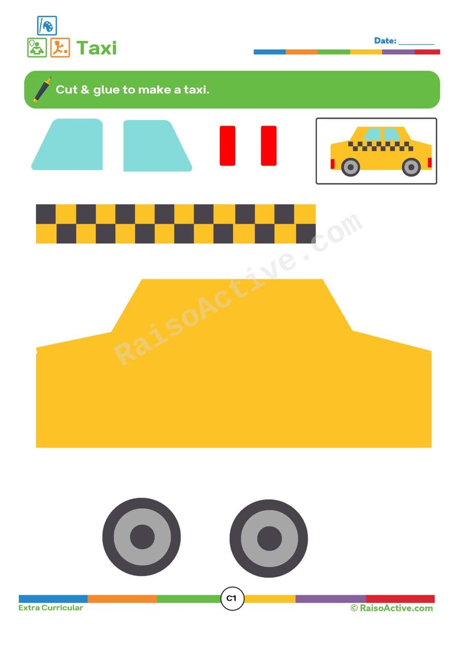 Taxi Cut and Paste Worksheet for Preschoolers