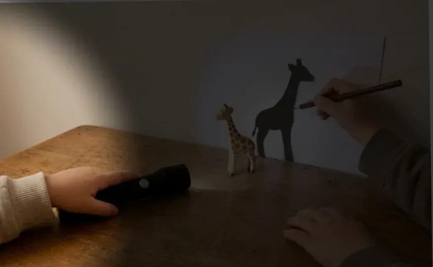A torch lighting a toy giraffe on a wooden table so its shadow falls on paper