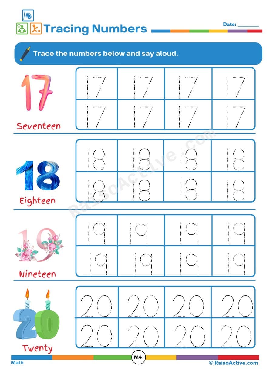 Trace and Learn Numbers 17-20 Worksheet