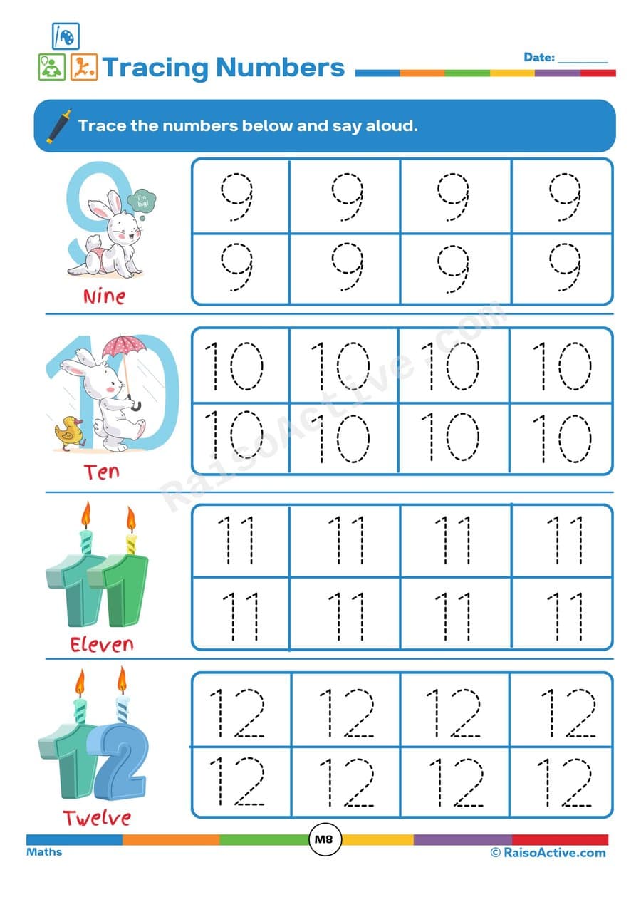Trace the Numbers: Practice Writing Numbers 9-12!
