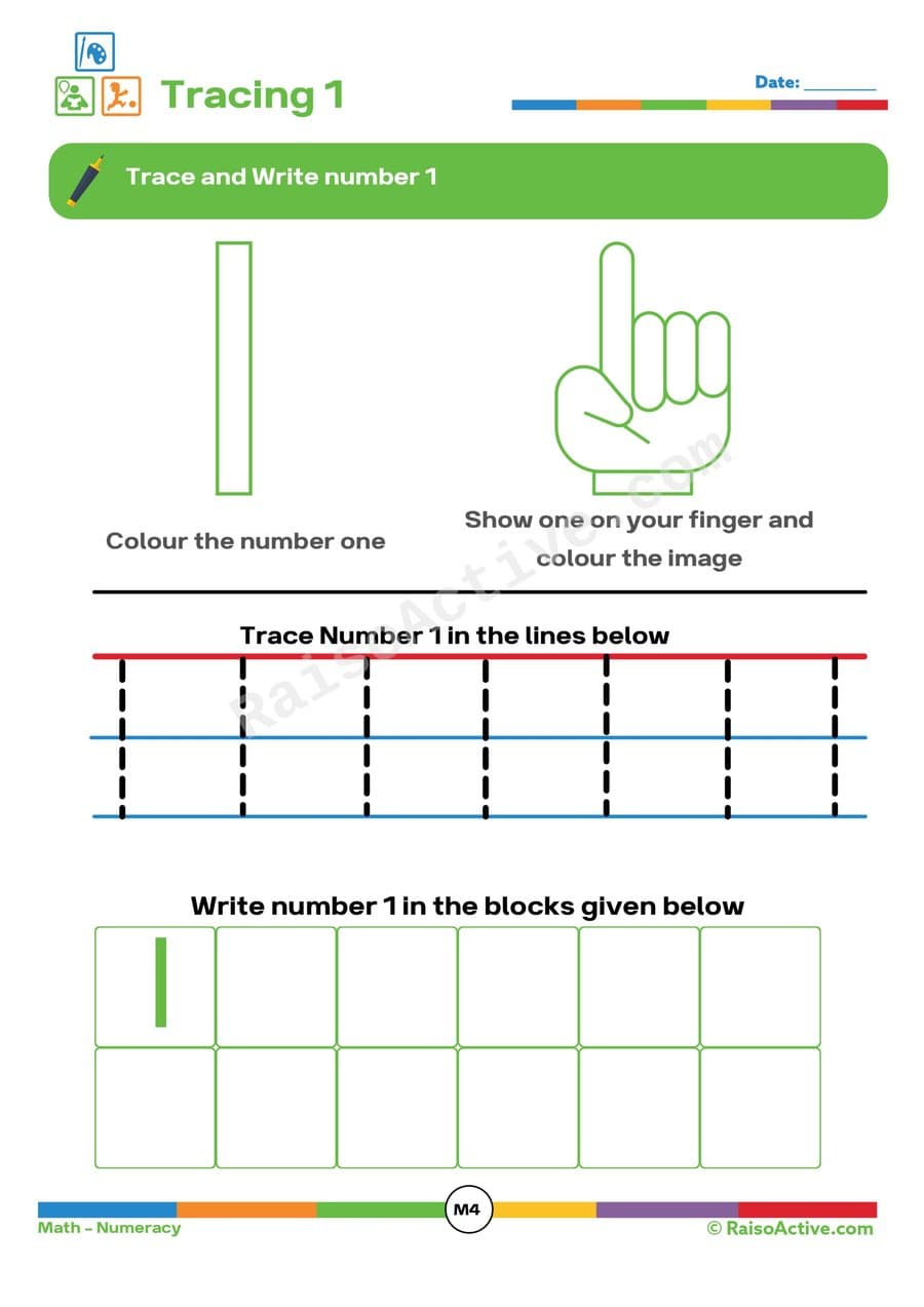 Tracing Number 1 Worksheet for Preschoolers