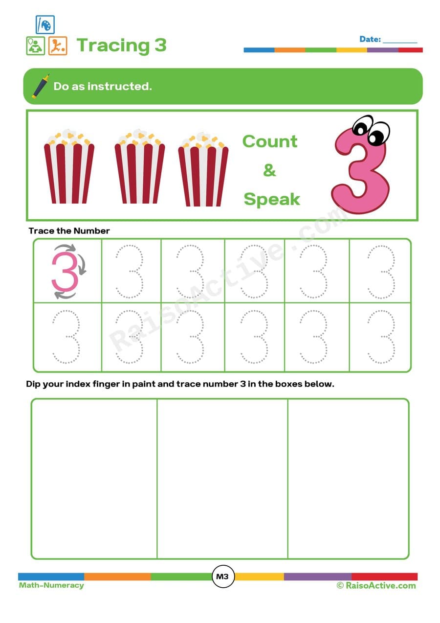 Tracing the Number 3 Worksheet for Preschoolers