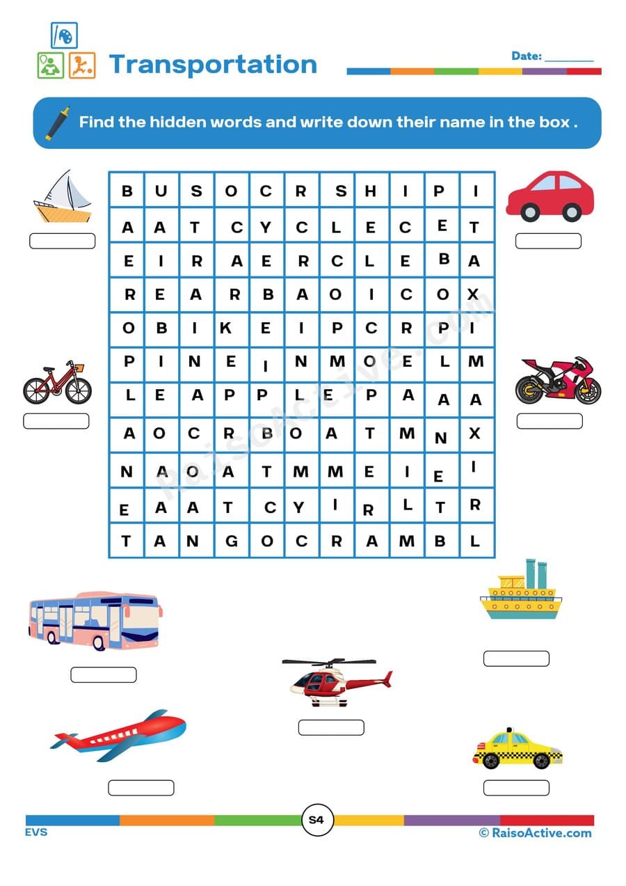 Transportation Word Search Worksheet for Kids
