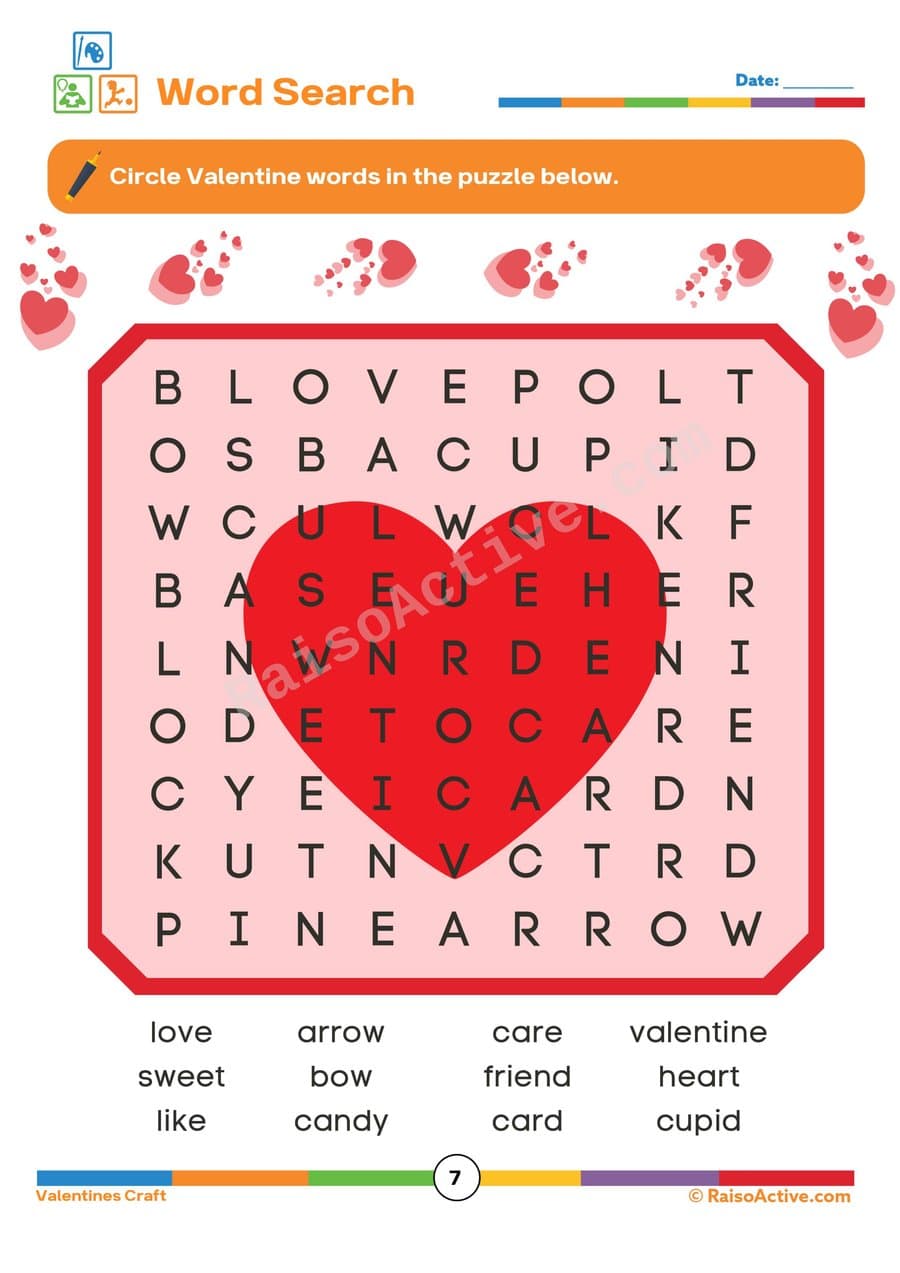 Valentine's Day Word Search Worksheet for Kids