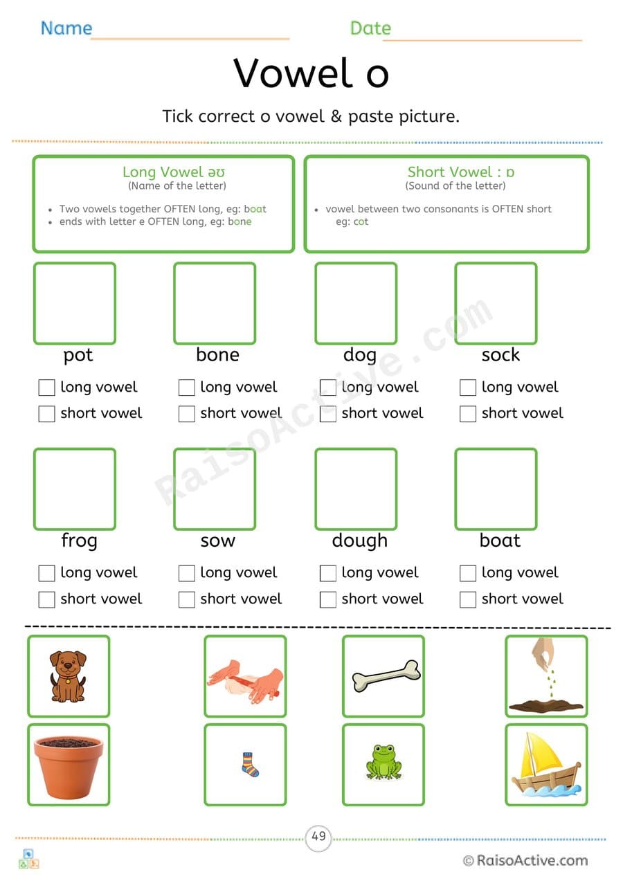 Long or Short Vowel o Tick and Paste Worksheet – free printable cut paste worksheet preview