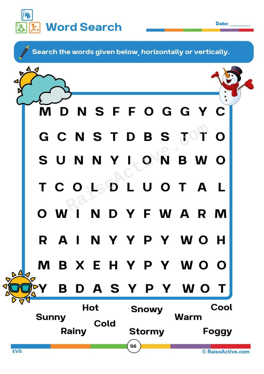 Weather Word Search Worksheet for Kids