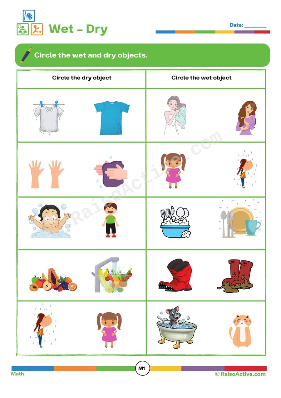 Wet and Dry Objects Worksheet for Preschoolers